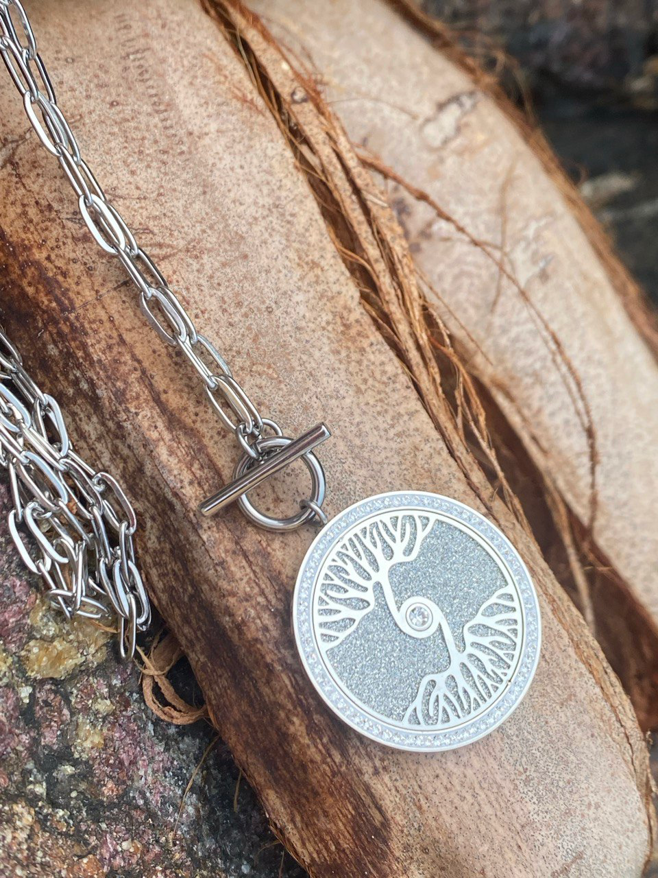 Tree of Life Long Necklace - Stainless Steel with Cubic Zirconia
