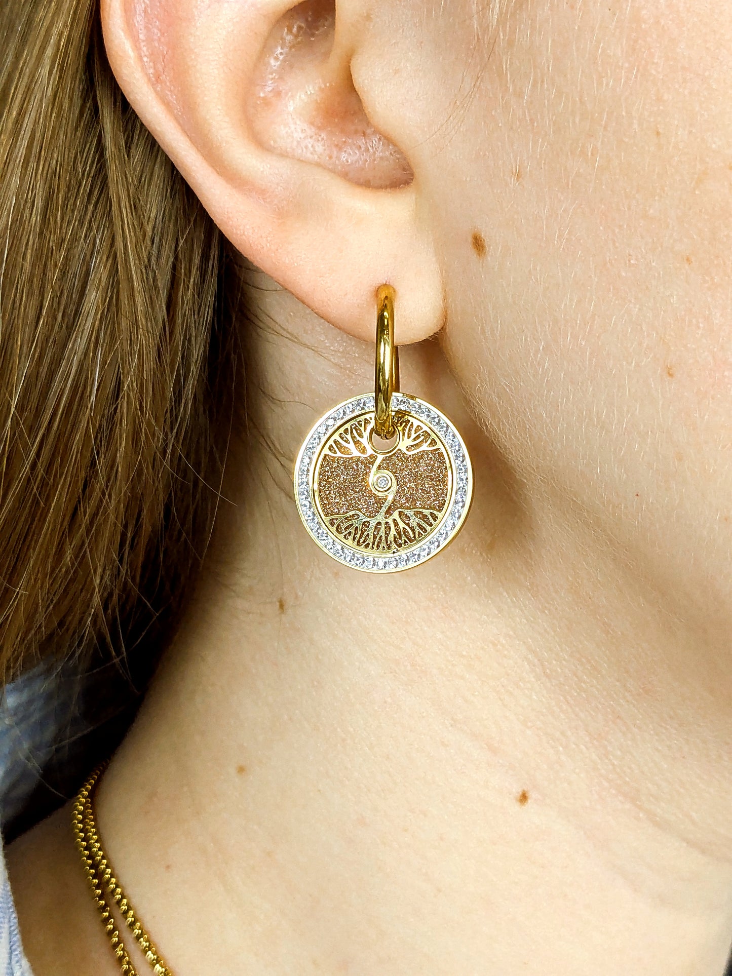 Stainless Steel Tree of Life Earrings with Cubic Zirconia