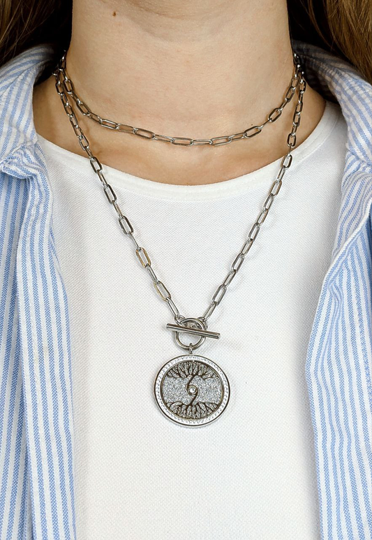 Tree of Life Long Necklace - Stainless Steel with Cubic Zirconia