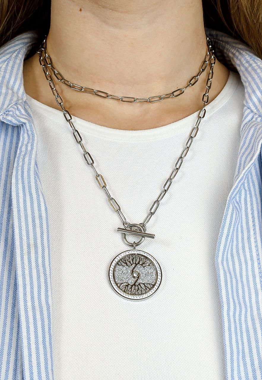 Tree of Life Long Necklace - Stainless Steel with Cubic Zirconia
